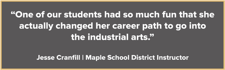 One of our students had so much fun that she actually changed her career path to go into the industrial arts. - Jesse Cranfill, Maple School District Instructor